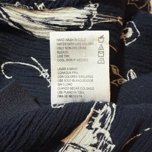 Bila Black Toile Floral Gauze Midi Dress XL Boho Button Front Tie Back Rayon