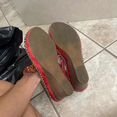Spring Step Red Leather Floral Wedge Sandals D-Lilith Women's Size 40 USA Sz 9