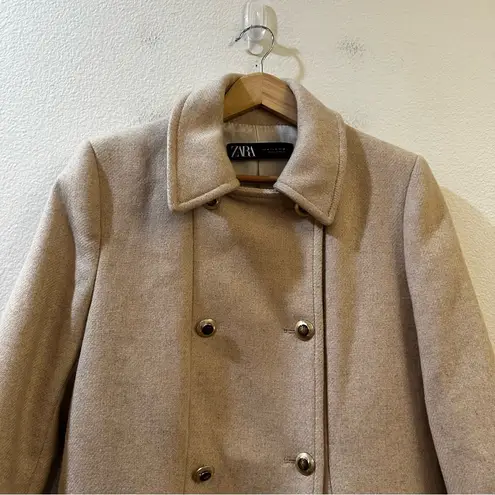 ZARA Double Breasted Gold Button Wool Blend Long Coat in Sand Size M