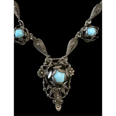 Antique Art Nouveau Silver Tone Czech Glass Blue Chrysoprase Necklace 1890’s