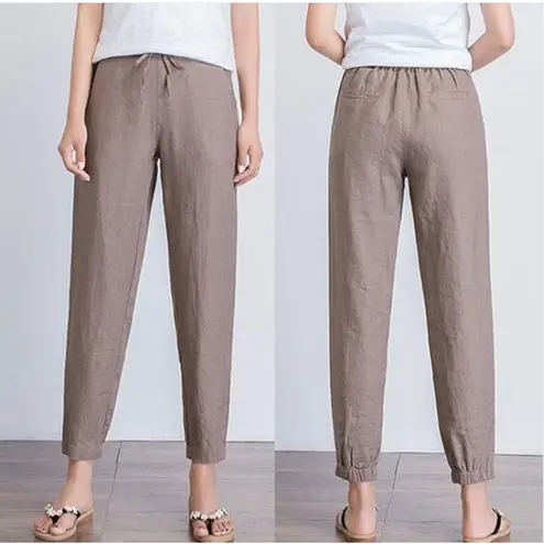 Iximo Womens Beachy Lounge Lagenlook Tapered Leg 100% Linen Pants Size S Khaki Brown