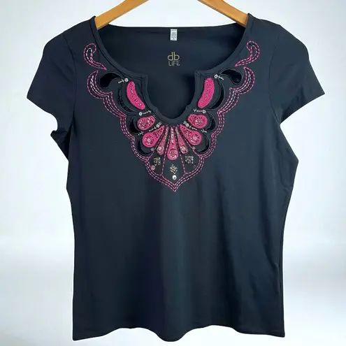 Dana Buchman NWT Black and Purple Embroidered Beaded T-Shirt Size Medium Top