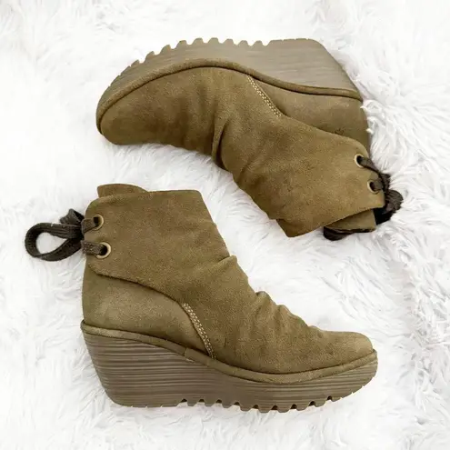 Fly London | Yebi Wedge Boot Booties Shoes Brown Taupe Tie | Size 38, US 7.5-8