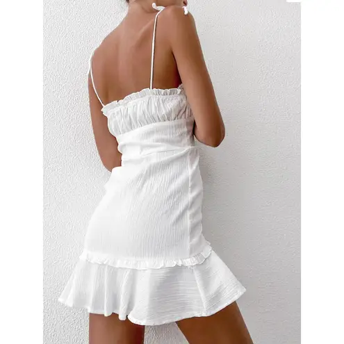Commense Boho Girly Ruffle Skirt Tight Sling Short Cottage Coastal White Dress L Size L