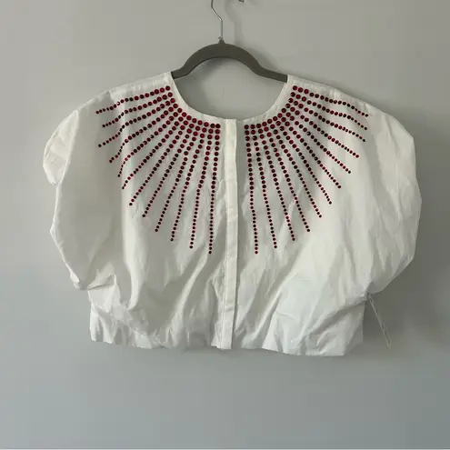 Queen of Sparkles White Puffed Sleeve Red Rhinestone Sunburst Sparkle Top S