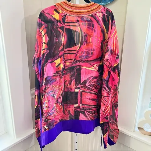 Zeugari Silk Tunic Beaded V Neck Semi Sheer Tie at Empire Waist * Runs Small * Pink Size M