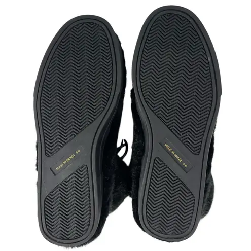 FRANCES VALENTINE Samantha Boots Black Faux Fur with Blue Pom Pom Size 8 Booties