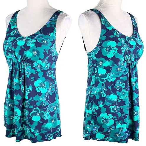 L.L.Bean  Soft Drape Tankini Top 12 Blue Green Floral Adjustable UPF 50+