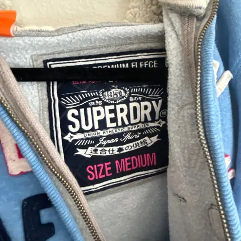 Superdry Full Zip Hoodie Sherpa Lined Spell Out Graphic Blue Medium