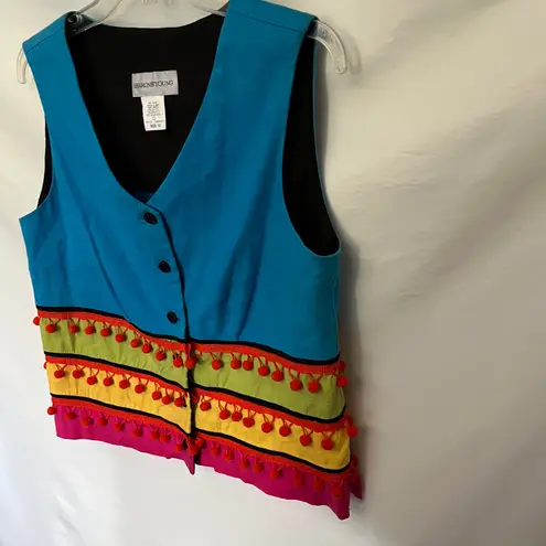 Vtg 90s Sharon Young Pom Pom Womens Vest 12 Linen Colorblock Boho Festival Artsy Blue