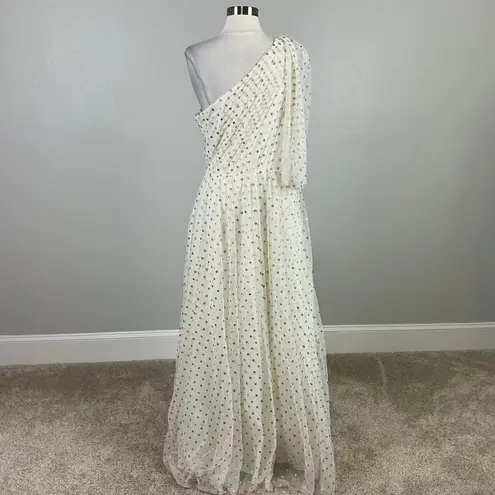 Eliza J Women's White One Shoulder Evening Gown Size 12 Metallic Polka Dot Dress