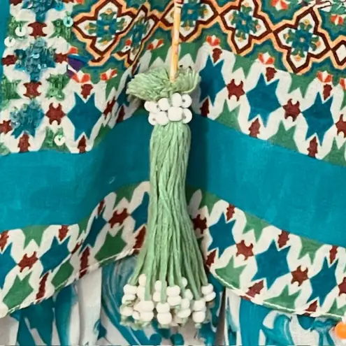 Hemant & Nandita Moana Dress 100% Silk Tiered Shift Mini Tassel Sequins Small Blue