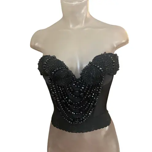 Vintage 70s Black Beaded Bustier UNION MADE Corset Size 34B BURLESQUE SEXY