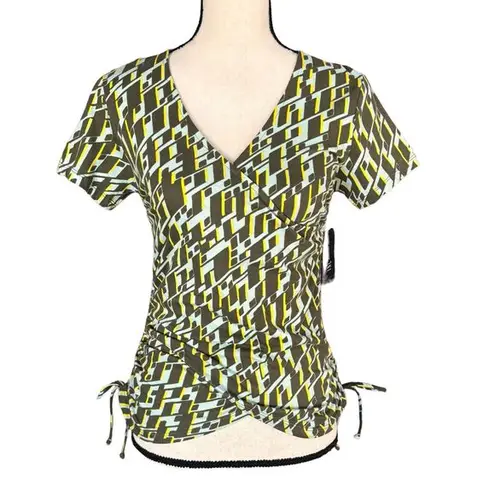 INC Small Top Geometric Surplice V-Neck Cap Sleeve Ruched Stretch Multi