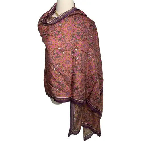 Vintage 100% silk dragon print scarf handmade rolled edge extra long XL 25x78" Purple