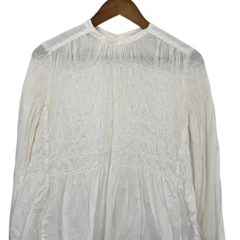 All Saints White Smocked Peplum Blouse Long Sleeve Mock Neck Button Back Cotton