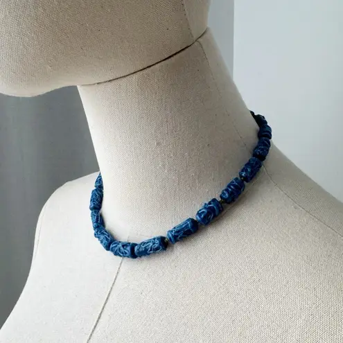 Vintage Blue Textured Beaded African Style Y2K Short Chunky Chocker Necklace