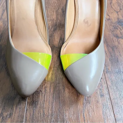 L.A.M.B. . • Harlie Pump heel d'orsay stiletto taupe leather neon green platform