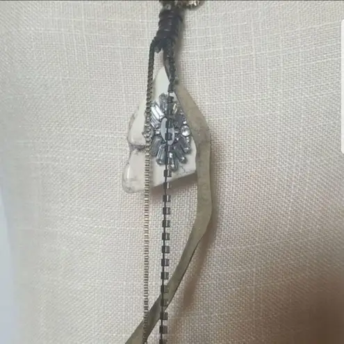 Leather, rhinestone and marble leather long women's necklace‎ White