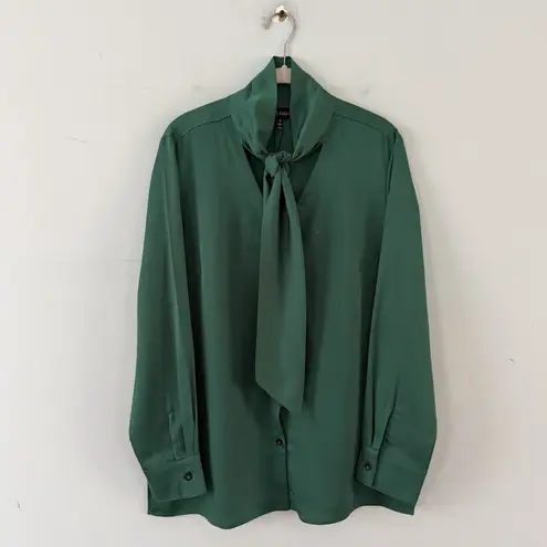 Ming Wang NWT Button Down Emerald Green Tie Long Sleeve Blouse