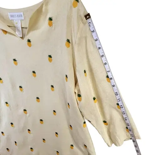 Vintage Charles Keath Tunic Top Womens L Yellow Linen Blend Pineapple Tropical Size L
