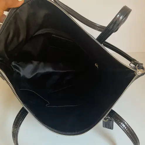 Coach Tote Bag Signature Black Khaki with Patent Leather Trim Purse