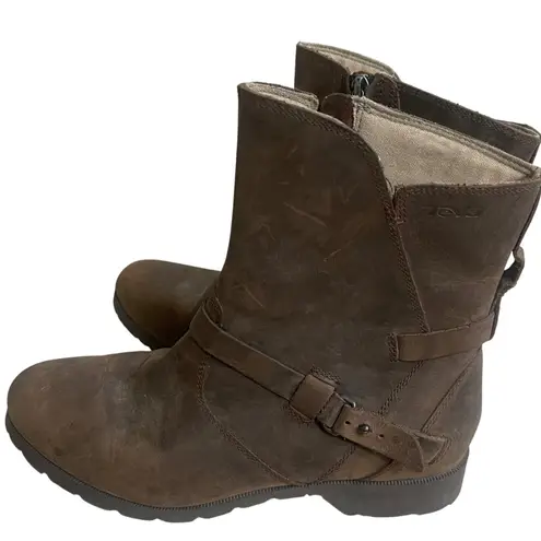 Teva de la vina Women's Brown Leather Ankle Boots Side Zip Buckle Moto sz 8.5