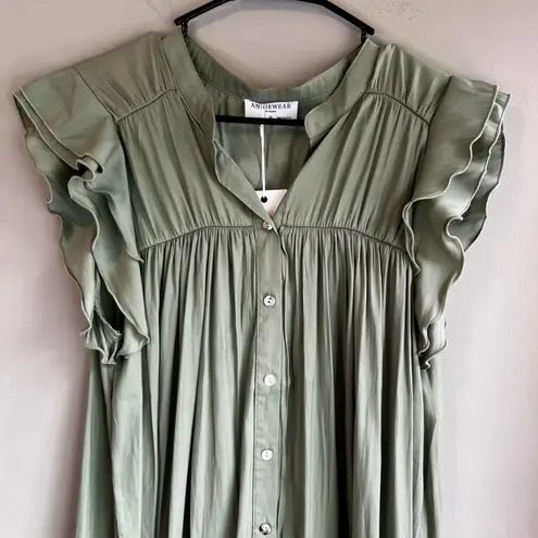 Annie Wear Olive Green Button Down Ruffle Sleeve Blouse Top Size M