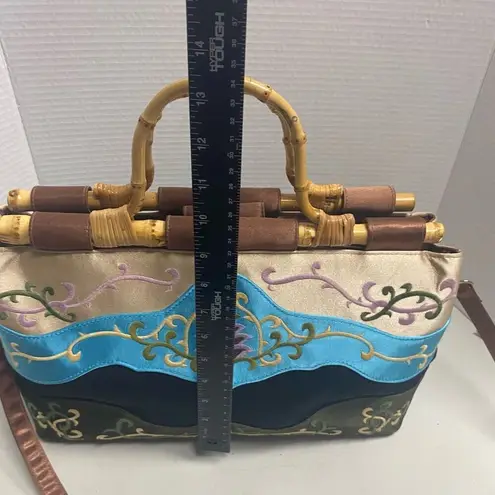 Preston & York Embroidered Satin Fabric Handbag With Bamboo Handles Shoulder Tot