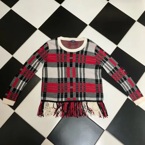 Splendid Plaid Fringe Pullover Sweater Red Black White Stripe Wool Blend size M - Image 3
