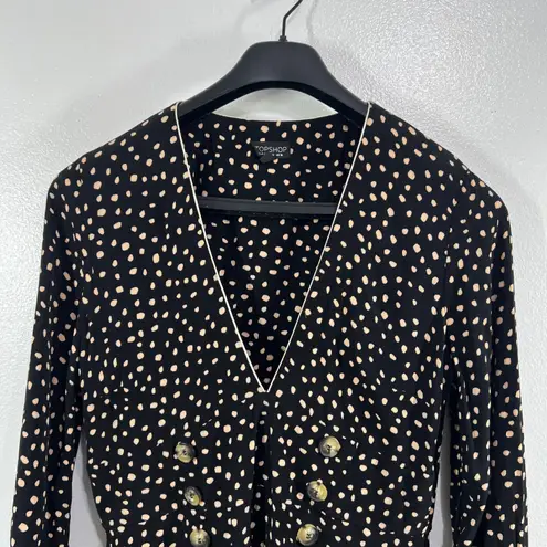 Topshop  Polka Dot Midi Dress US 12‎ Black Beige V-Neck Long Sleeve Button Front