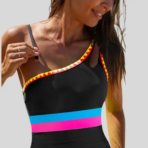 NWT Popvil One Shoulder Neon Color Block One Piece Swimsuit Medium Black