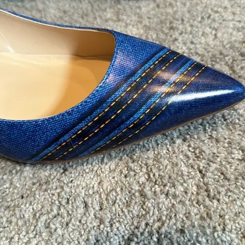 Women’s Reindee Lusion Blue Kitty Heel Pointed Toe Shoes Denim Look Size 11 NEW