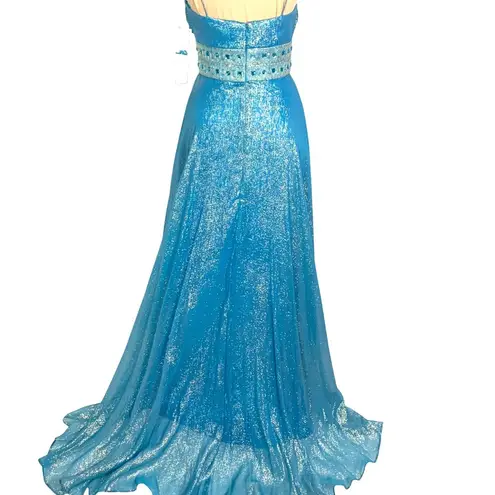 Dave and Johnny Dazzling Metallic Blue Silk Gown Flowy Prom 0 Hoco Glam Pageant Jeweled Hi-Low