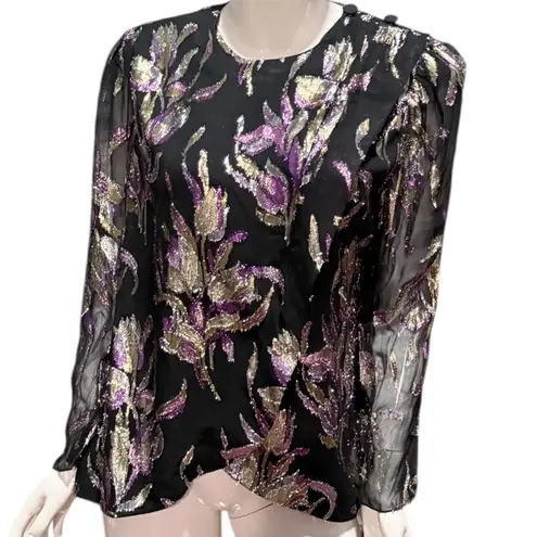 Vintage Patra metallic thread blouse burnout puff sleeve 14 Black