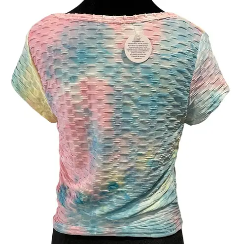 NEW Madrag Bold Tie Dye Trendy Hippie Ruched Side Stretch Athletic Yoga Gym Top Size L