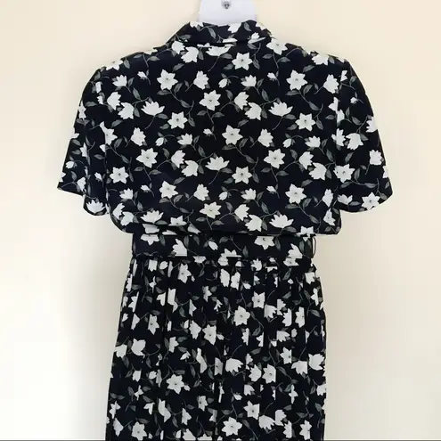 Leslie Fay Vintage  Poly Secretary Navy Floral Belted Midi Dress 80s 90s 12 L