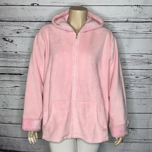 Denim & Co . NWT Size 3X Pink Zip Front Fleece w/ Faux Fir Trim Jacket