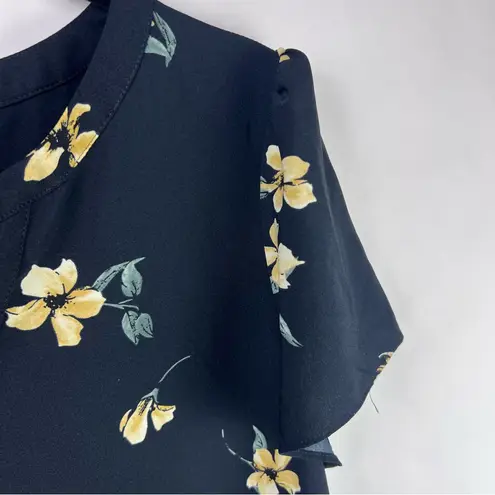 Hilary Radley Navy Floral Blouse, Yellow Flowers, Polyester, Flutter Sleeve Top