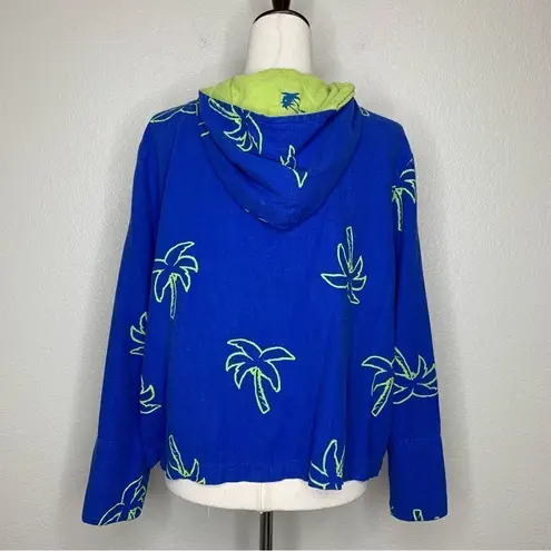 Erin London Linen Blend Vintage Blue Palm Trees Zip Up Hoodie Jacket