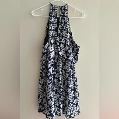 One Clothing Blue and White Print Dress with High Neck & Cinched Waist, Size S-M