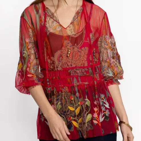 Johnny Was Feather Lark Embroidered Mesh Blouse