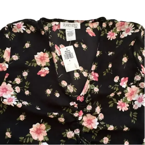 Planet Gold Black Pink Floral V-Neck Bell Sleeve Top Blouse Top Size 1X NEW