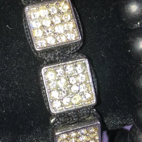 Black Shungite Beaded Silver Tone CZ Rhinestone Adjustable Boho Bracelets