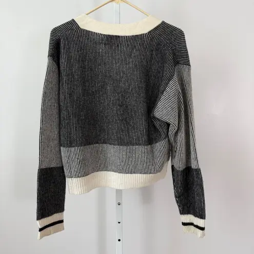 BRODIE Cashmere sz S Striped V Neck Button Up Cardigan Sweater Preppy Collegiate Tan