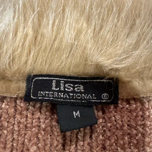Lisa International faux suede sweater jacket faux fur trim and collar women’s M Tan Size M