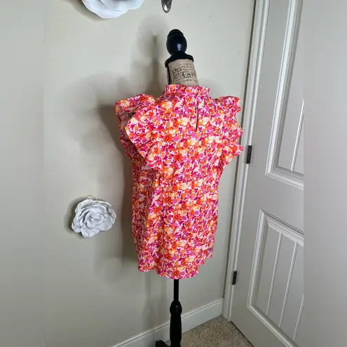 Entro NTM: Sunset Dream Mock Neck Ruffle Sleeve Babydoll Orange & Pink Top Sz M