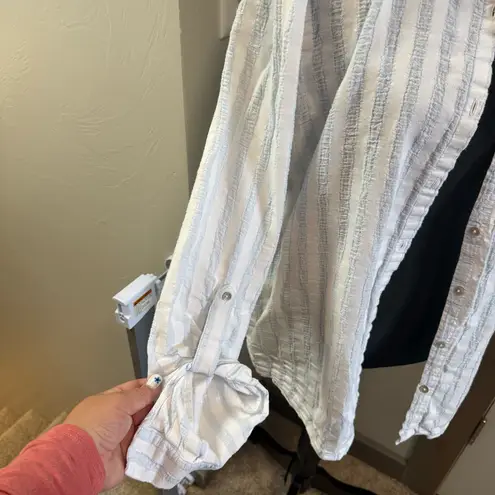 Jane and Delancey Button Front Cotton Gauze Vertical Stripe Blouse Long Sleeve - Image 3