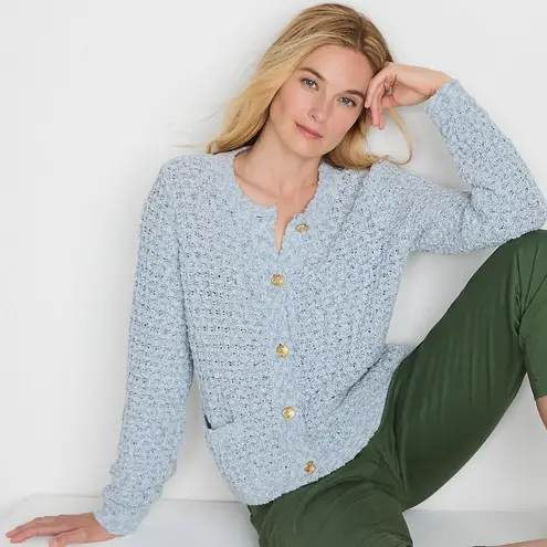 Lands' End $103 Women's Tweed Boucle Cardigan Jacket Sweater Women's Size Large Blue