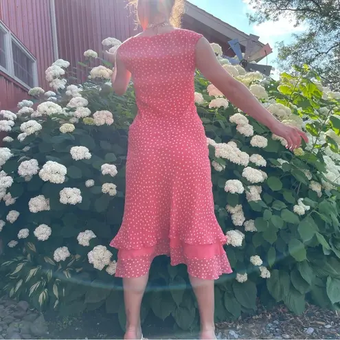 Vintage Chadwick’s Silk Polkadot Boat Neck Preppy Twee Midi Dress Small Pink